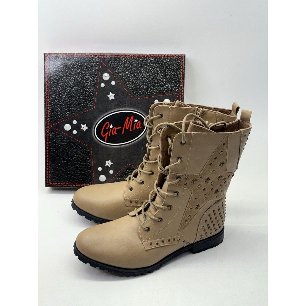 Gia-Mia Star Combat Boots Women’s 13 Tan Studded Lace Up Side Zip NIB